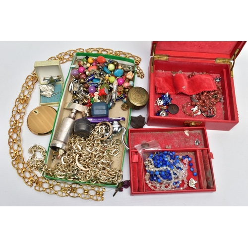 88 - A BOX OF ASSORTED ITEMS, to include a red box with costume jewellery, small wooden figurines, beaded... 