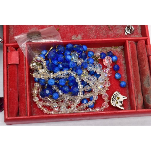 88 - A BOX OF ASSORTED ITEMS, to include a red box with costume jewellery, small wooden figurines, beaded... 