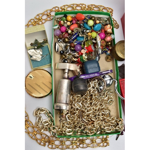 88 - A BOX OF ASSORTED ITEMS, to include a red box with costume jewellery, small wooden figurines, beaded... 