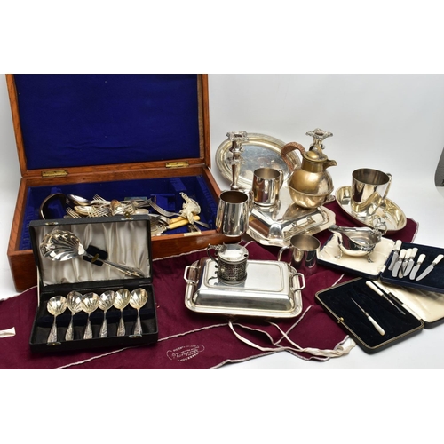 90 - A BOX OF ASSORTED CUTLERY AND TABLEWARE, to include a cased set of six mother of pearl handled butte... 