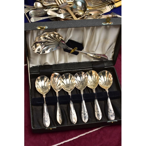 90 - A BOX OF ASSORTED CUTLERY AND TABLEWARE, to include a cased set of six mother of pearl handled butte... 