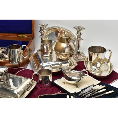 90 - A BOX OF ASSORTED CUTLERY AND TABLEWARE, to include a cased set of six mother of pearl handled butte... 