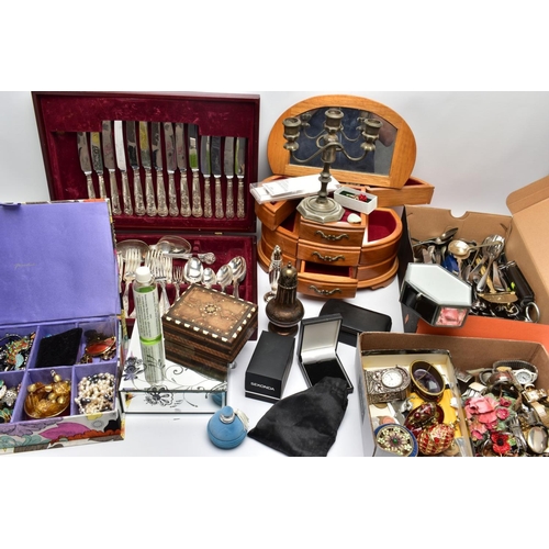 92 - A BOX OF MISCELLANEOUS ITEMS, to include a multi storage wooden jewellery box, a mirror jewellery bo... 