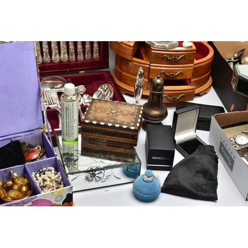 92 - A BOX OF MISCELLANEOUS ITEMS, to include a multi storage wooden jewellery box, a mirror jewellery bo... 