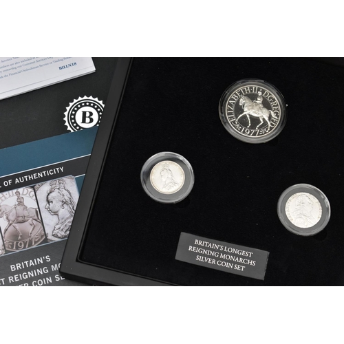 97 - BRITAINS LONGEST REIGNING MONARCH SILVER SET OF COINS, to include a George III shilling coin 1787, a... 