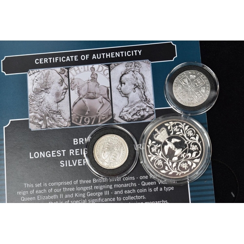 97 - BRITAINS LONGEST REIGNING MONARCH SILVER SET OF COINS, to include a George III shilling coin 1787, a... 