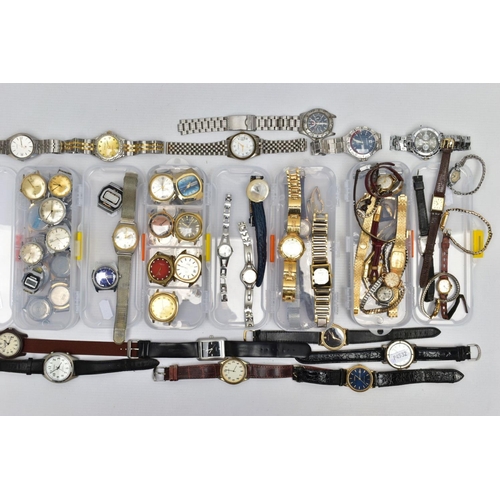 98 - A SELECTION OF LADIES AND GENTS WRISTWATCHES, to include four small plastic boxes with various fashi... 