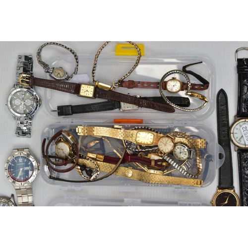 98 - A SELECTION OF LADIES AND GENTS WRISTWATCHES, to include four small plastic boxes with various fashi... 