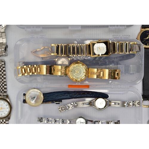 98 - A SELECTION OF LADIES AND GENTS WRISTWATCHES, to include four small plastic boxes with various fashi... 