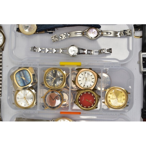 98 - A SELECTION OF LADIES AND GENTS WRISTWATCHES, to include four small plastic boxes with various fashi... 