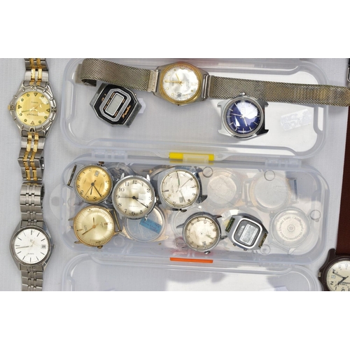 98 - A SELECTION OF LADIES AND GENTS WRISTWATCHES, to include four small plastic boxes with various fashi... 