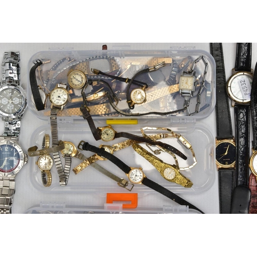 98 - A SELECTION OF LADIES AND GENTS WRISTWATCHES, to include four small plastic boxes with various fashi... 