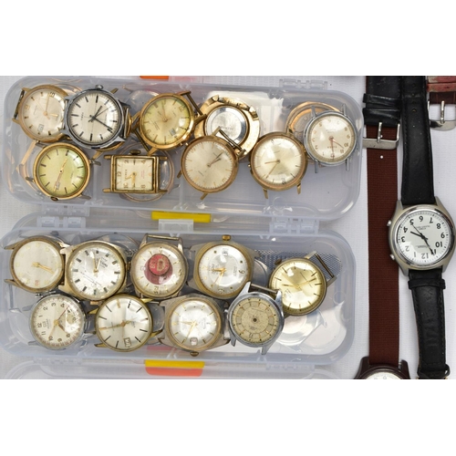 98 - A SELECTION OF LADIES AND GENTS WRISTWATCHES, to include four small plastic boxes with various fashi... 