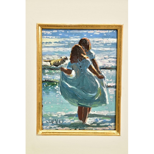 387 - SHERREE VALENTINE DAINES (BRITISH 1959) 'FROLICKING IN THE SURF', two girls and their dog paddling i... 