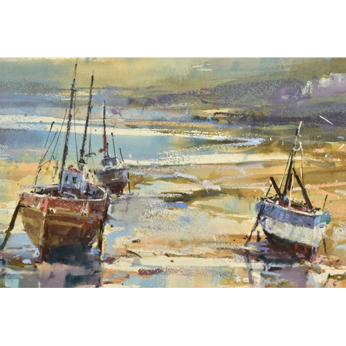 390 - RAY BALKWILL (BRITISH 1948) 'HARBOURSIDE', fishing boats beached at low tide, signed bottom left, mi... 