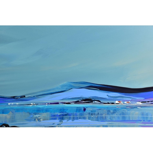 394 - DUNCAN MACGREGOR DMAC (BRITISH 1961) 'MOUNTAIN REFLECTIONS' a blue toned landscape, signed bottom le... 