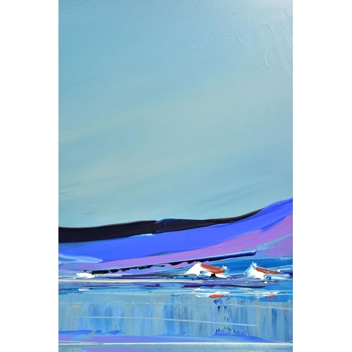 394 - DUNCAN MACGREGOR DMAC (BRITISH 1961) 'MOUNTAIN REFLECTIONS' a blue toned landscape, signed bottom le... 