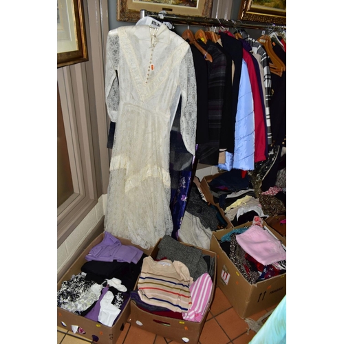 401 - A QUANTITY OF LADIES CLOTHING IN SIX BOXES AND LOOSE, including a second half 20th century homemade ... 