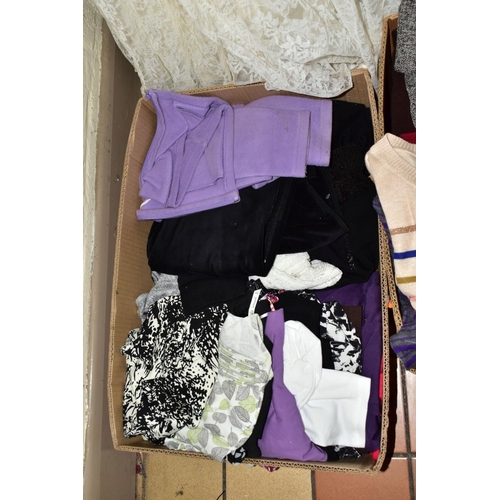 401 - A QUANTITY OF LADIES CLOTHING IN SIX BOXES AND LOOSE, including a second half 20th century homemade ... 