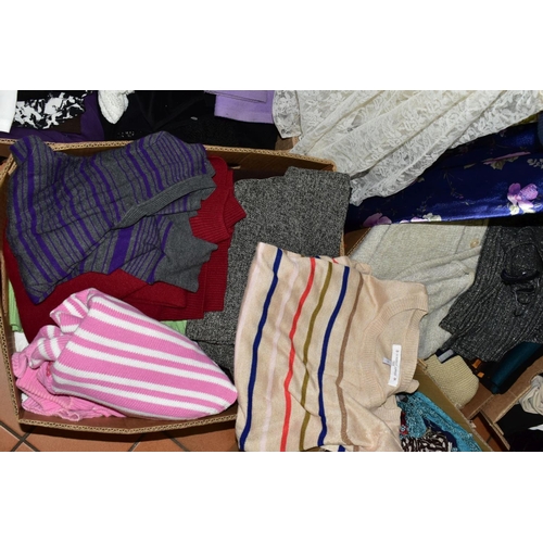 401 - A QUANTITY OF LADIES CLOTHING IN SIX BOXES AND LOOSE, including a second half 20th century homemade ... 