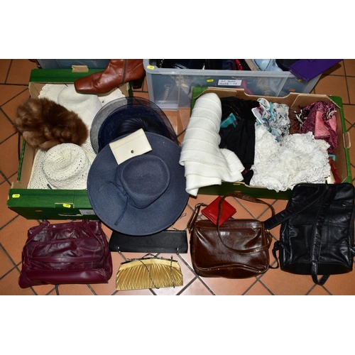 404 - A QUANTITY OF LADIES CLOTHING AND HANDBAGS IN FOUR BOXES AND LOOSE, including a squirrel fur cape an... 