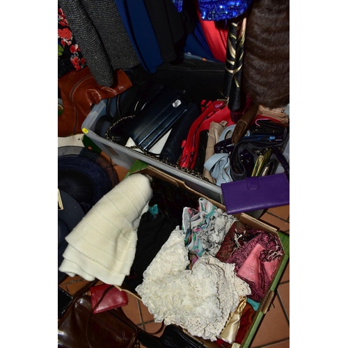 404 - A QUANTITY OF LADIES CLOTHING AND HANDBAGS IN FOUR BOXES AND LOOSE, including a squirrel fur cape an... 