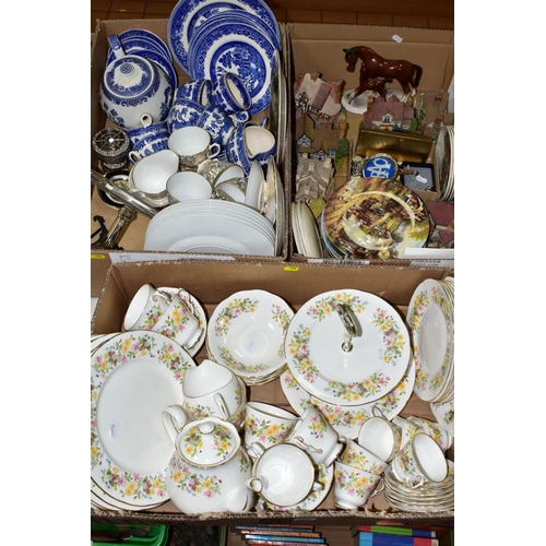 406 - THREE BOXES OF CERAMICS, GLASS & SUNDRIES, three boxes containing fifty-two pieces of Colclough bone... 