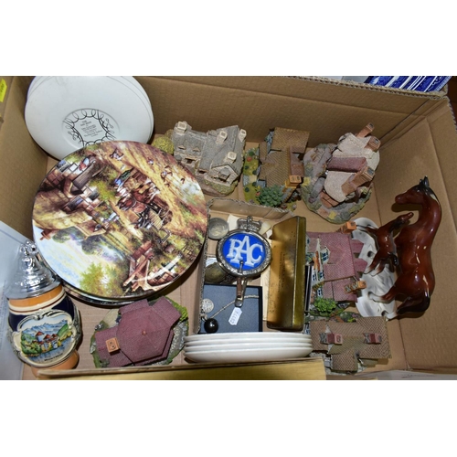 406 - THREE BOXES OF CERAMICS, GLASS & SUNDRIES, three boxes containing fifty-two pieces of Colclough bone... 