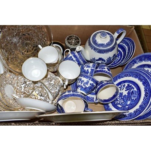 406 - THREE BOXES OF CERAMICS, GLASS & SUNDRIES, three boxes containing fifty-two pieces of Colclough bone... 