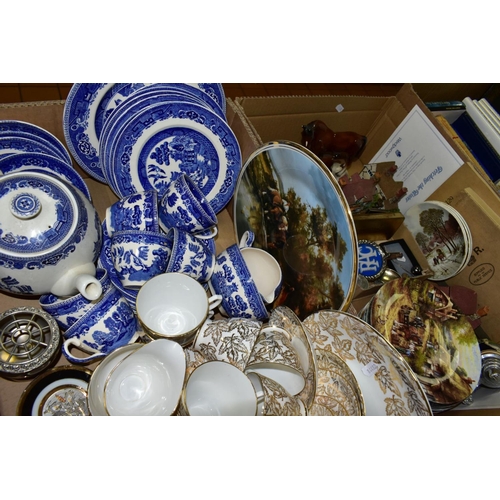 406 - THREE BOXES OF CERAMICS, GLASS & SUNDRIES, three boxes containing fifty-two pieces of Colclough bone... 