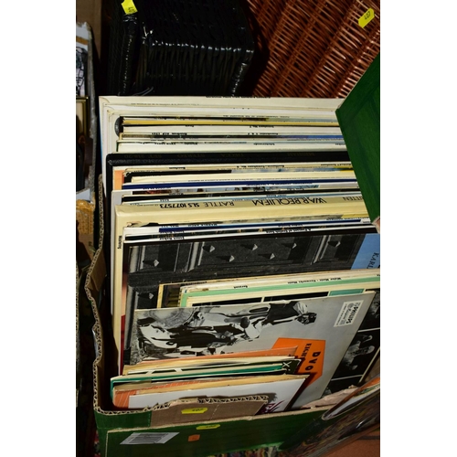 407 - FOUR BOXES AND LOOSE METALWARES, TEDDY BEAR, LPS, WICKER HAMPERS, ETC, including over thirty reprodu... 