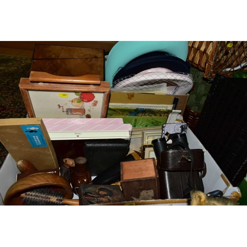 407 - FOUR BOXES AND LOOSE METALWARES, TEDDY BEAR, LPS, WICKER HAMPERS, ETC, including over thirty reprodu... 