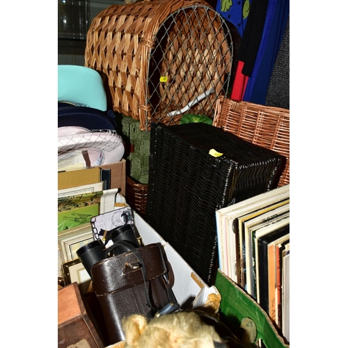 407 - FOUR BOXES AND LOOSE METALWARES, TEDDY BEAR, LPS, WICKER HAMPERS, ETC, including over thirty reprodu... 