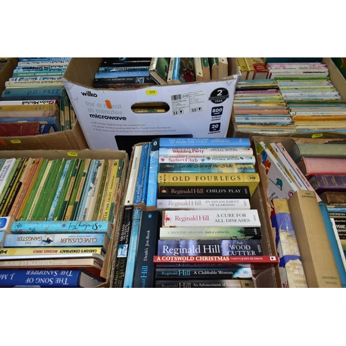 413 - SIX BOXES OF BOOKS, containing a collection of approximately 205 titles in paperback and hardback fo... 