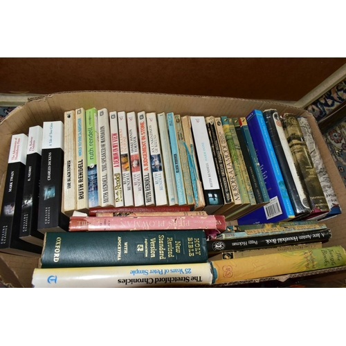 415 - SIX BOXES OF BOOKS, containing a collection of approximately 215 titles in paperback and hardback fo... 