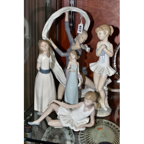 417 - A LLADRO FIGURE OF A LADY, THREE NAO FIGURES ANOTHER SPANISH PORCELAIN FIGURE, the Lladro 'Ingenue',... 