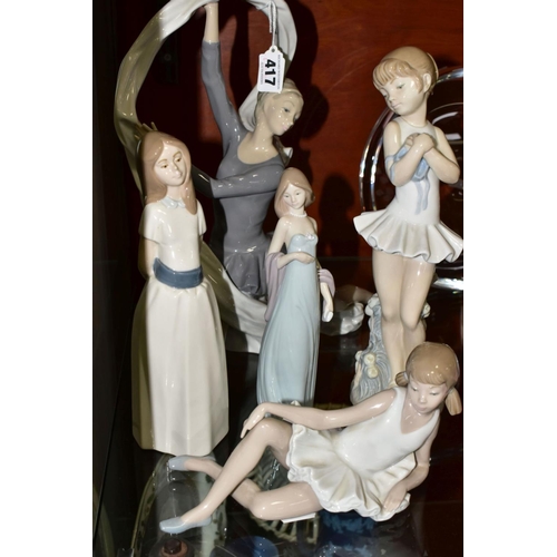 417 - A LLADRO FIGURE OF A LADY, THREE NAO FIGURES ANOTHER SPANISH PORCELAIN FIGURE, the Lladro 'Ingenue',... 