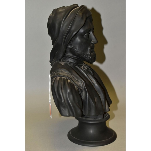 424 - A 20TH CENTURY WEDGWOOD BLACK BASALT BUST OF CHAUCER, on a socle base, impressed marks to both secti... 