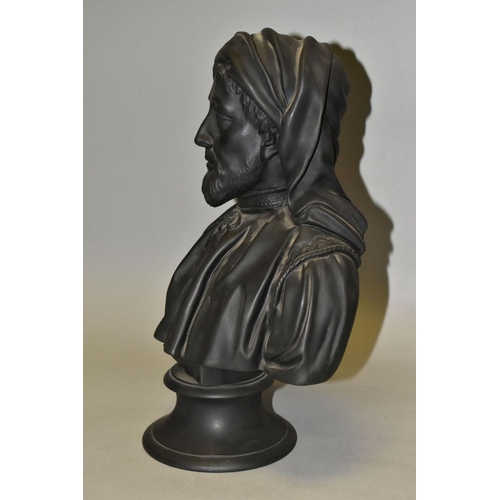 424 - A 20TH CENTURY WEDGWOOD BLACK BASALT BUST OF CHAUCER, on a socle base, impressed marks to both secti... 