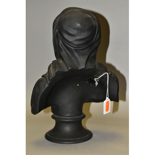 424 - A 20TH CENTURY WEDGWOOD BLACK BASALT BUST OF CHAUCER, on a socle base, impressed marks to both secti... 