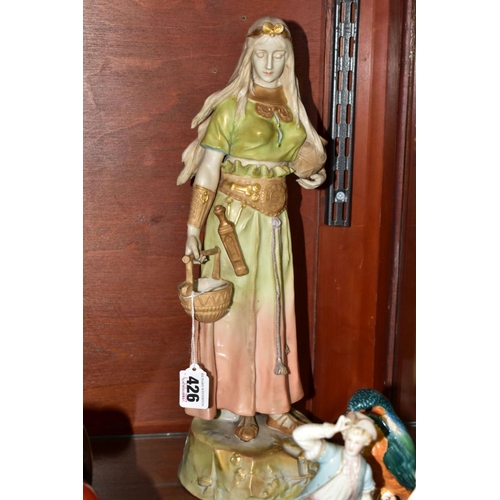 426 - A 'ROYAL VIENNA' ART NOUVEAU STYLE FIGURE OF A MAIDEN AND FOUR OTHER CERAMIC ITEMS, the Royal Vienna... 