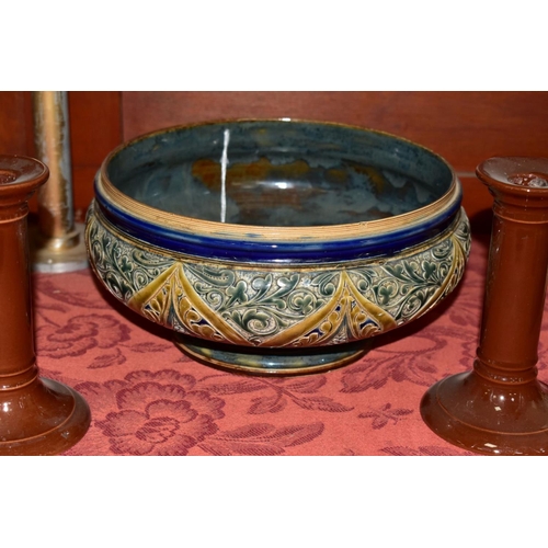 435 - A DOULTON LAMBETH STONEWARE MARK V. MARSHALL DECORATED PEDESTAL SALAD BOWL, lacks metal mounting for... 