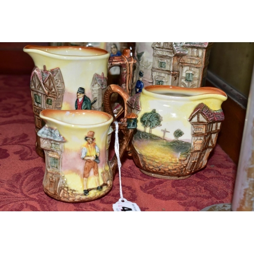 436 - FIVE ROYAL DOULTON CHARLES DICKENS RELIEF MOULDED SERIES WARE JUGS, largest 19.5cm, D6394, featuring... 