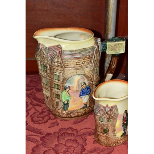 436 - FIVE ROYAL DOULTON CHARLES DICKENS RELIEF MOULDED SERIES WARE JUGS, largest 19.5cm, D6394, featuring... 