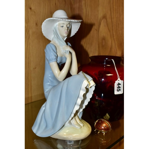 445 - A ROYAL DOULTON FLAMBE VASE, A NAO FIGURINE AND AN ENAMEL TRINKET BOX, comprising Royal Doulton flam... 