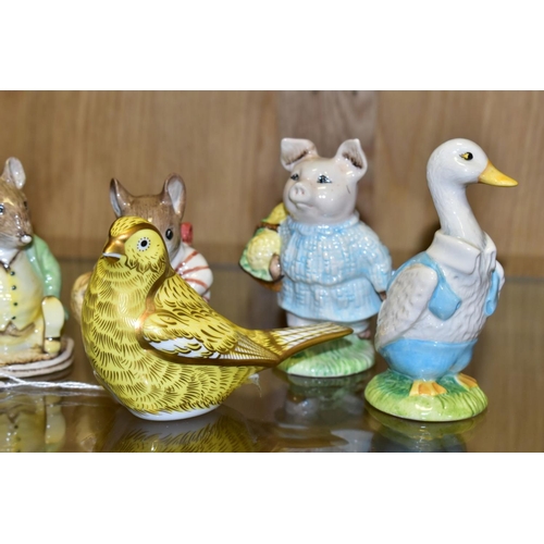 449 - A ROYAL CROWN DERBY 'CANARY' PAPERWEIGHT AND FOUR ROYAL ALBERT BEATRIX POTTER CHARACTER FIGURES, the... 