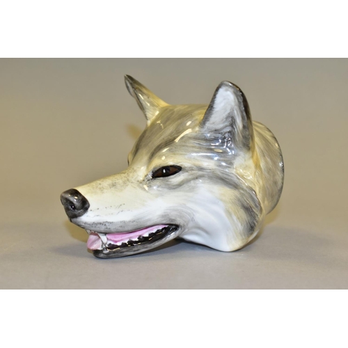 451 - A ROYALE STRATFORD STIRRUP CUP IN THE FORM OF A WOLF'S HEAD, printed factory marks to the interior, ... 