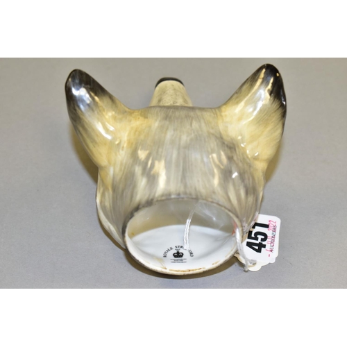 451 - A ROYALE STRATFORD STIRRUP CUP IN THE FORM OF A WOLF'S HEAD, printed factory marks to the interior, ... 