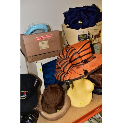 459 - EIGHT LADIES HATS INCLUDING TWO 'MITZI LORENZ', with four original card hat boxes, a head mannequin,... 