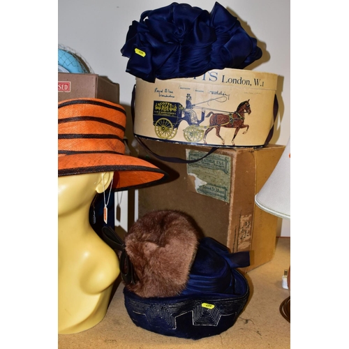 459 - EIGHT LADIES HATS INCLUDING TWO 'MITZI LORENZ', with four original card hat boxes, a head mannequin,... 